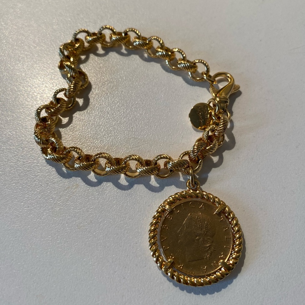 14kt Gold-Plated Bronze Bracelet with Genuine Lira Coin Charm Made in Italy